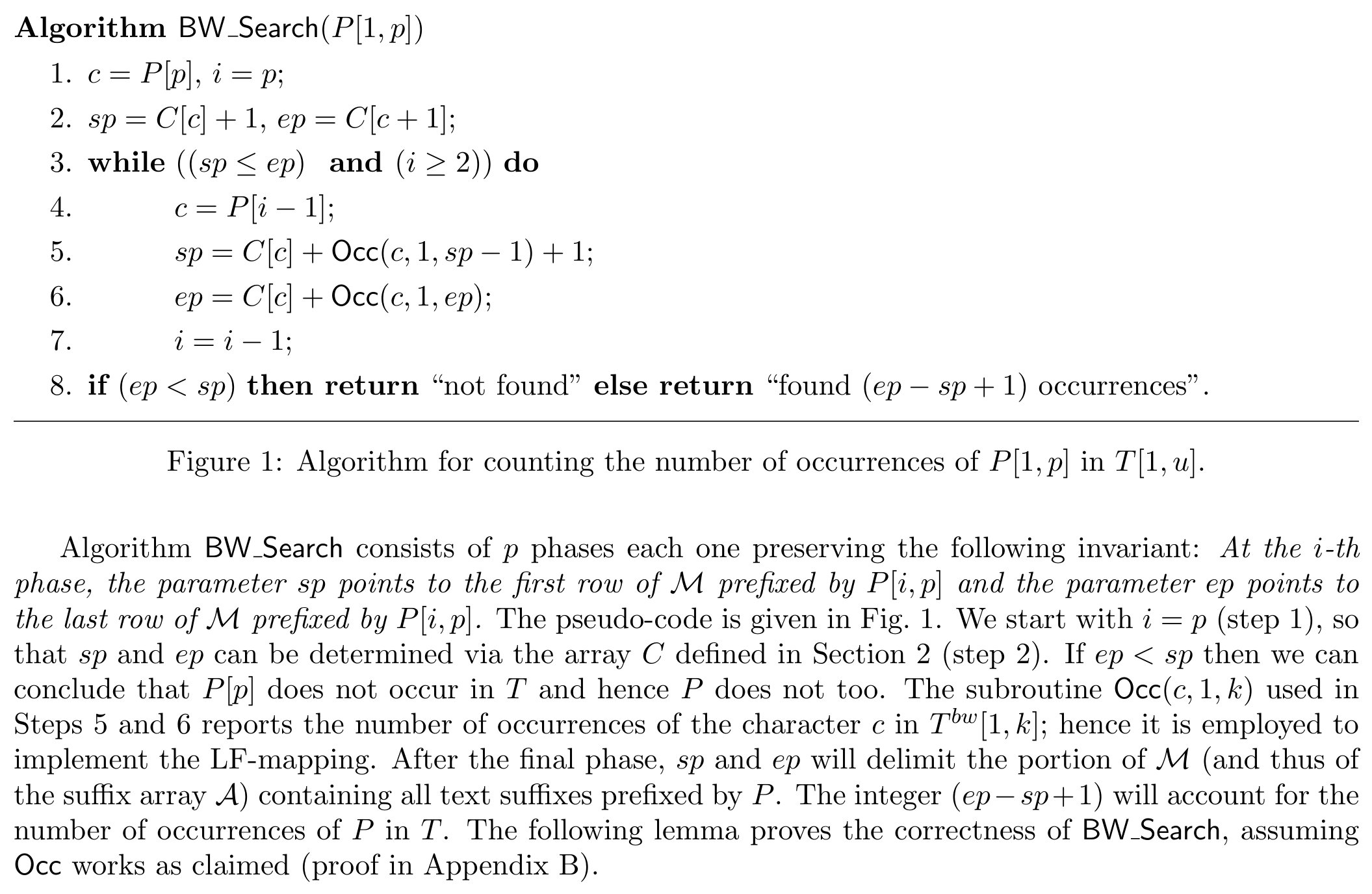 Figure 1: Algorithm for counting the number of occurrences of P[1,p] in T[1,u]