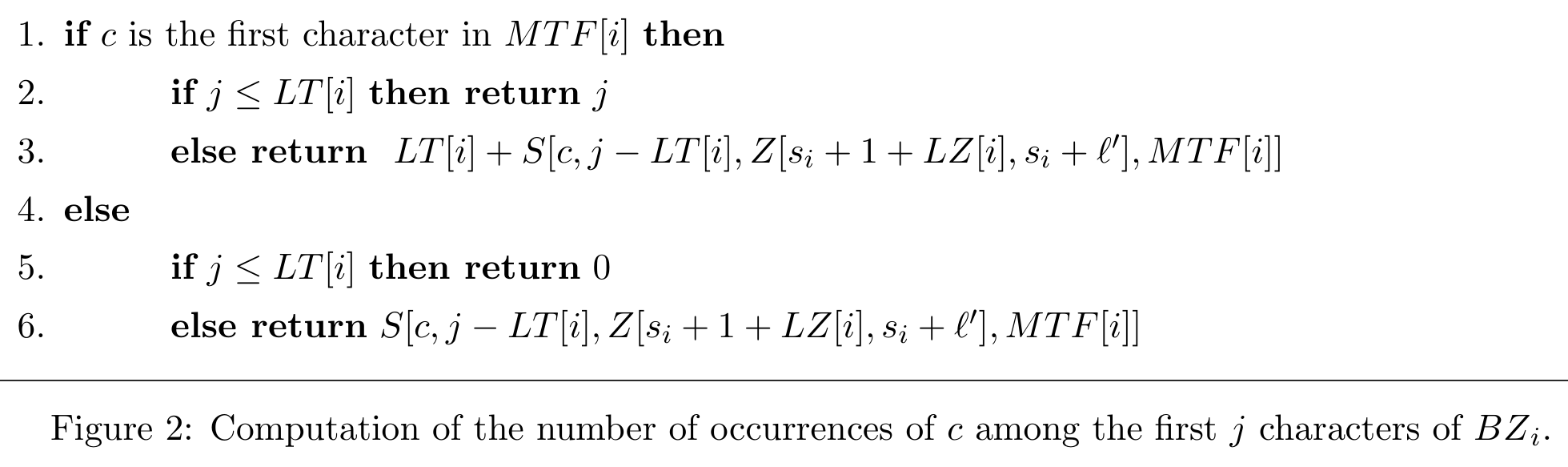 Figure 2: Computation of the number of occurrences of c among the first j characters of BZ_i